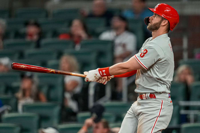 Philadelphia Phillies Designated Hitter Bryce Harper Watches his Go Ahead Home Run against the Atlanta Braves.